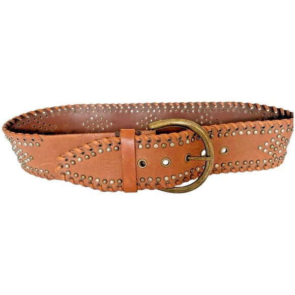 Women Size M Leather WIDE Belt Studded Rivet Leather Braided Boho Brass Buckle main image 15